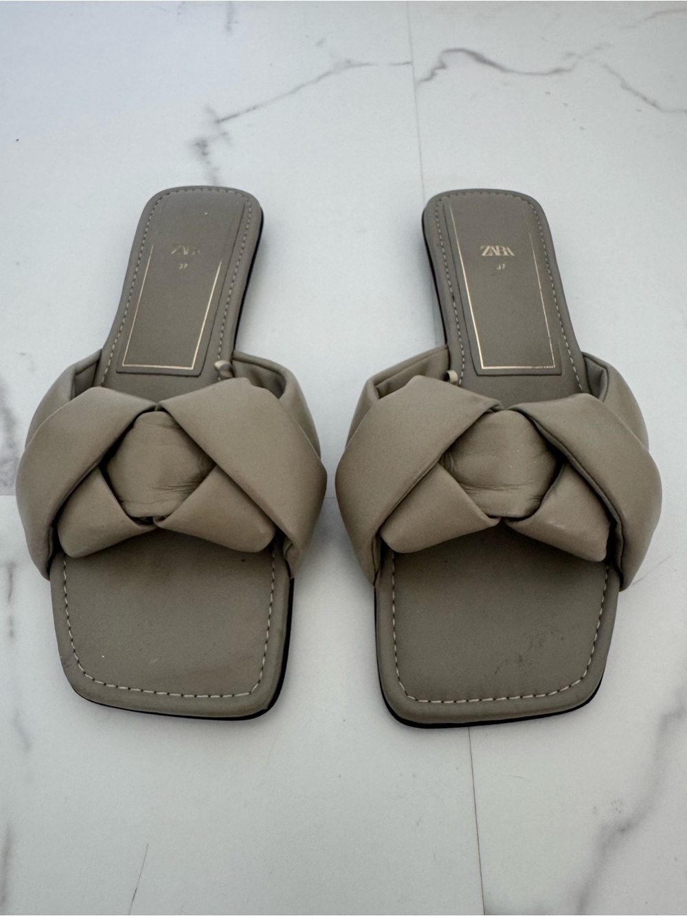 Zara Knotted Slide Sandals Women’s US 6.5 EU 37 Taupe Beige Square Toe